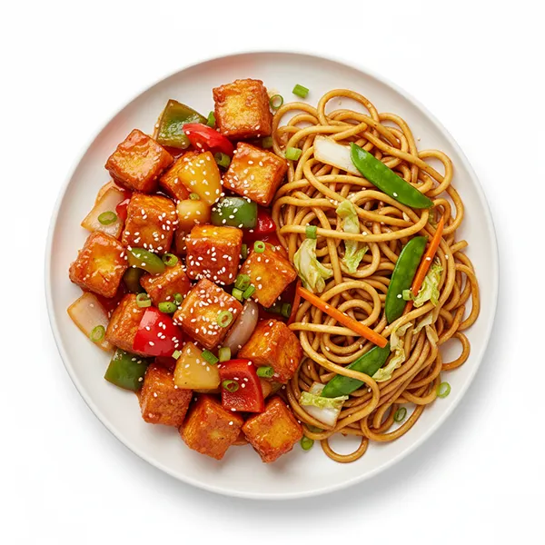 Sweet and Sour tofu with lo mien noodles